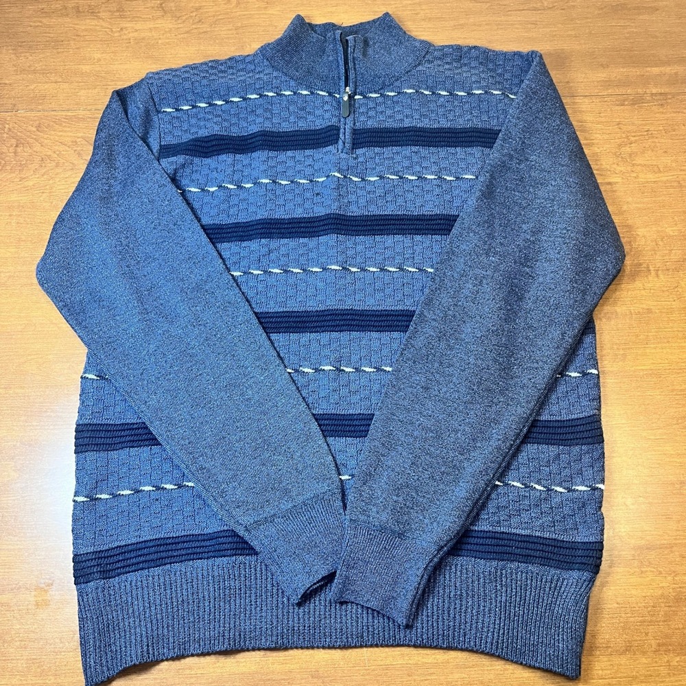 True Rock Mens 1/4 Zip Pullover Sweater Blue Textured Stripe XL Cotton Polyester